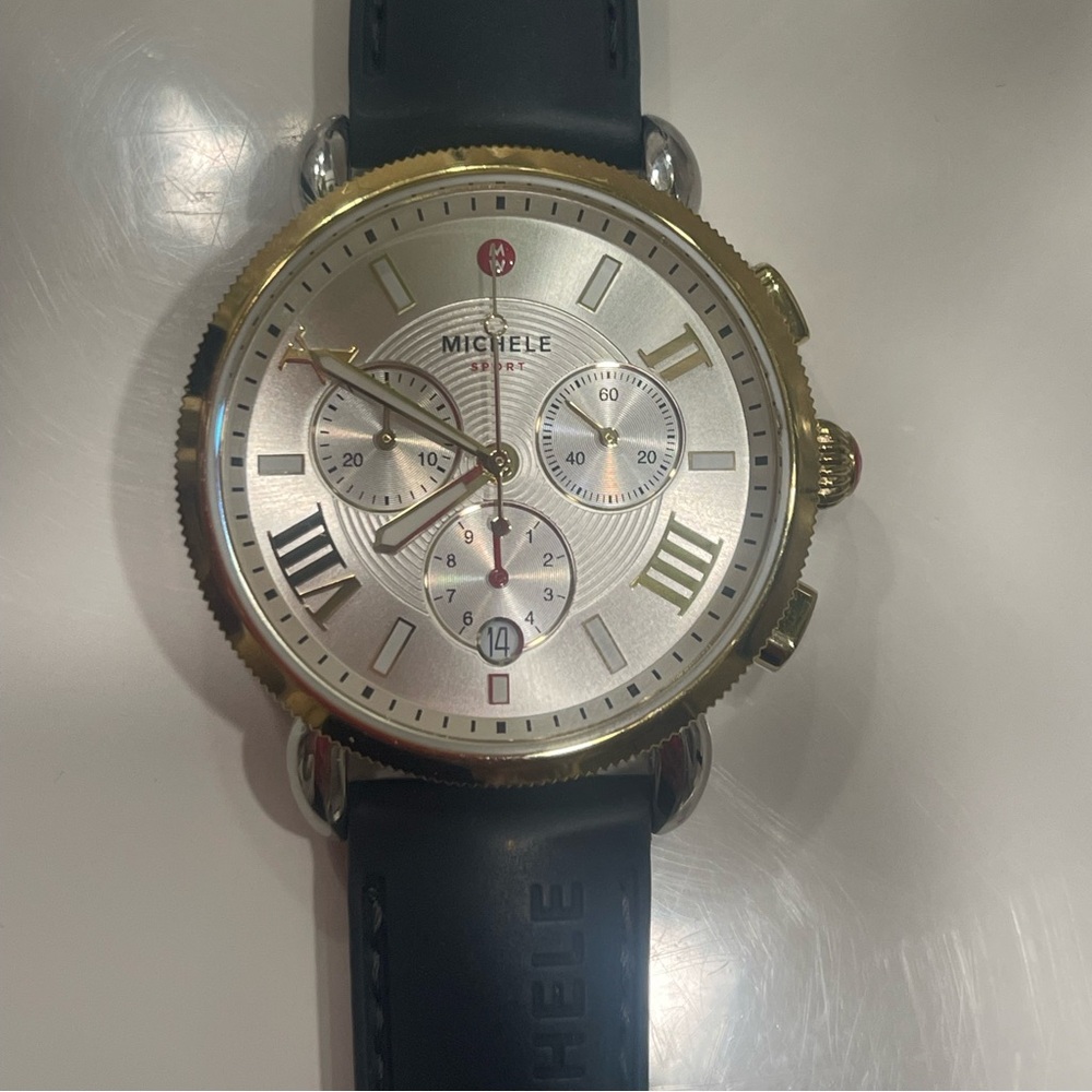 Michele Two-Tone Chronograph Watch with Black Strap